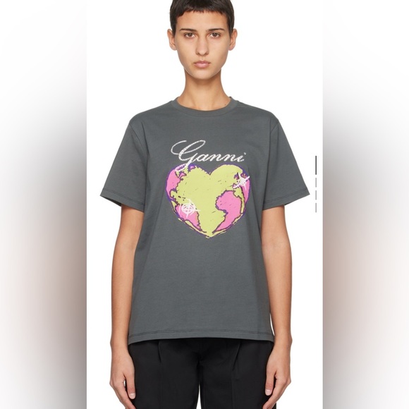 Ganni Tops - Ganni Charcoal T-Shirt with Vibrant Earth Graphic and Crystal-cut logo NWOT